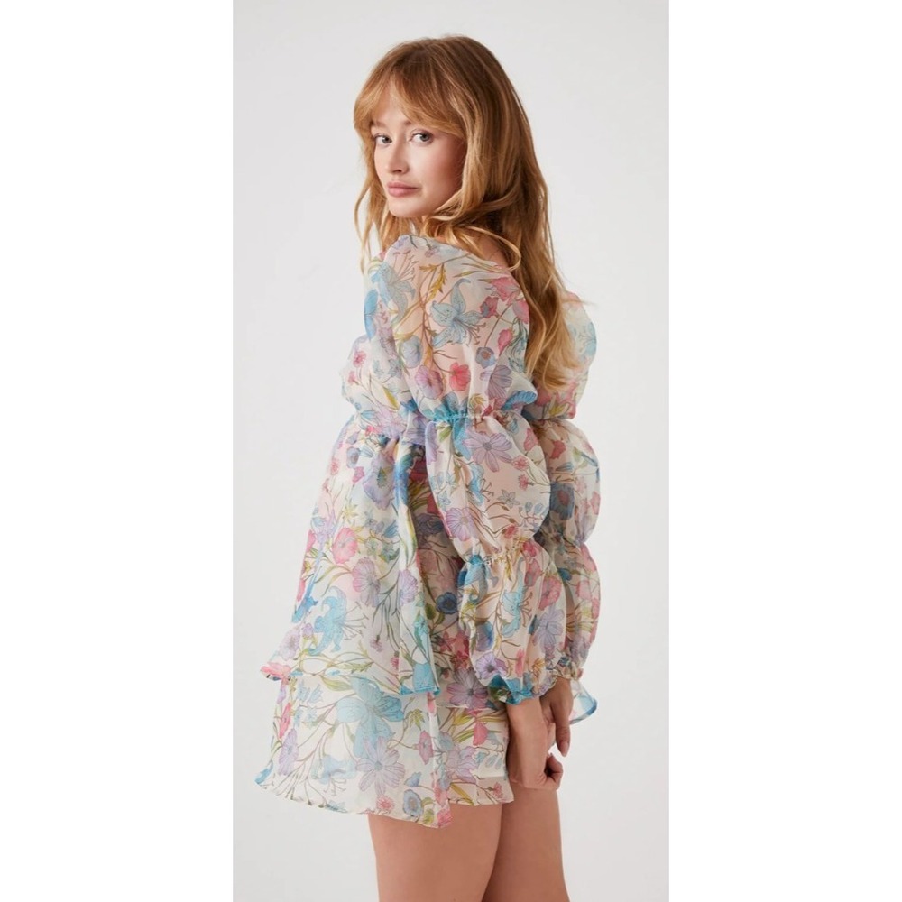 Forever 21 Floral Pastel Organza Puff Sleeve Babydoll Mini Dress Vtg Y2K Medium - Picture 4 of 16
